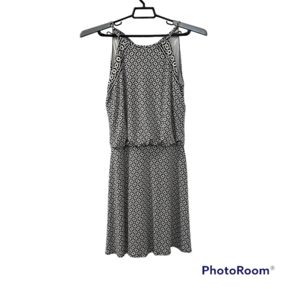 Maggy London Petites Womens 8P Black White Geometric Halter Fit Flare Dress